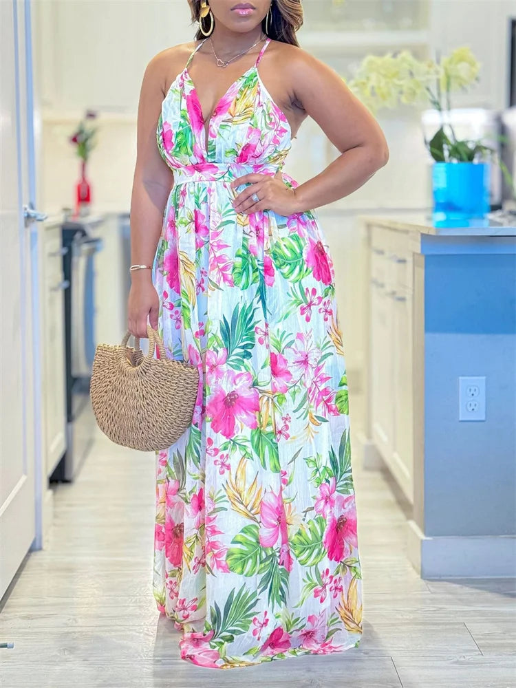 Summer Floral Print V Neck Multi Sleeveless Maxi Dresses
