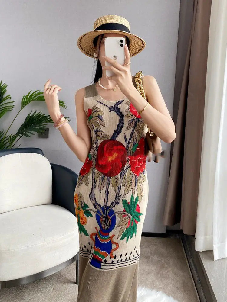 Summer Minimalist Printed Sleeveless Pleated Dress