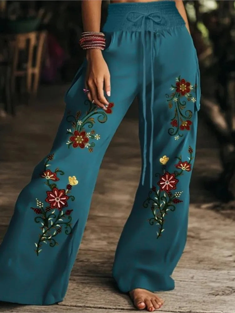 Boho High Waist Lace-Up Wide Leg Pants
