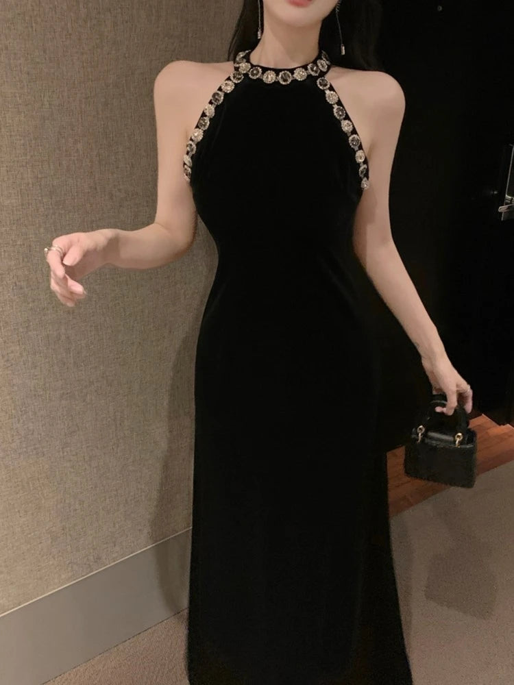 Off Shoulder Flash Diamond Velvet Dresses