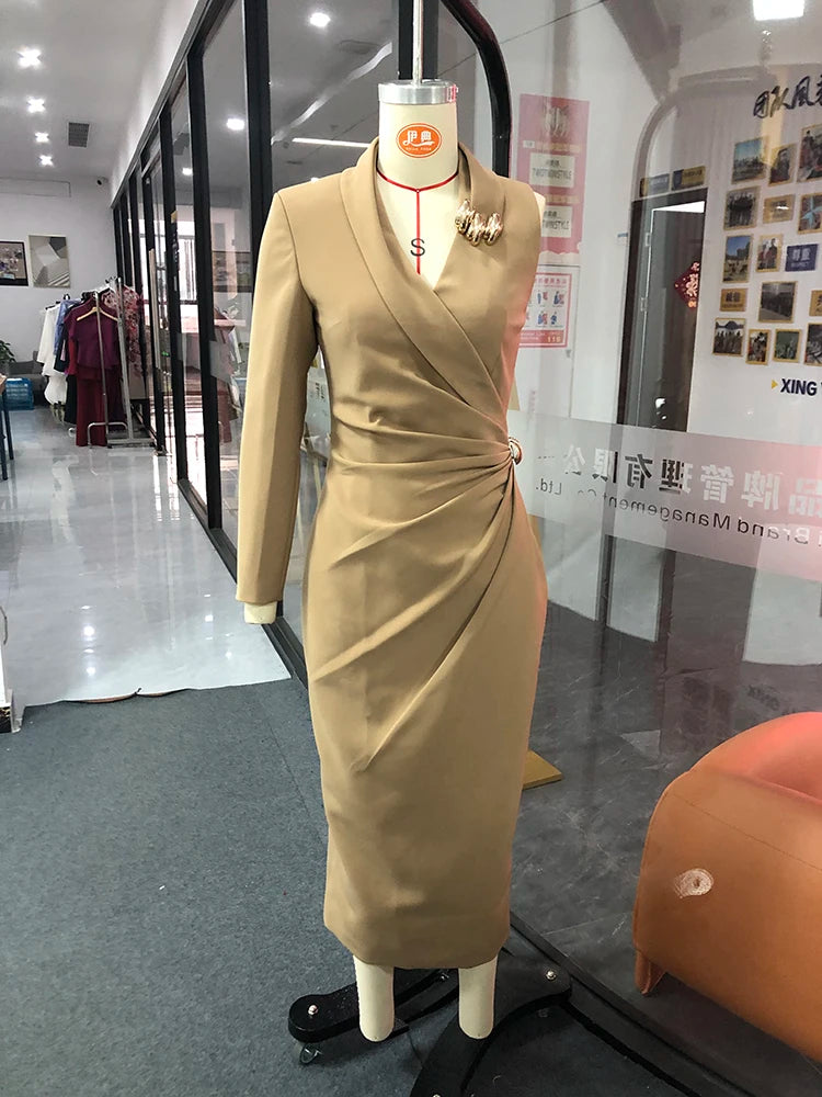 Solid Slimming V Neck Long Sleeve High Waist Long Dress