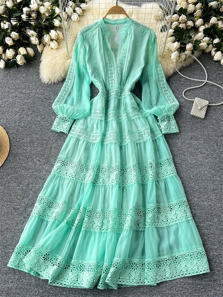 Vintage  Long Sleeves V Neck Zipper Desigh Hollow Out Embroidery Lace Splice Dresses