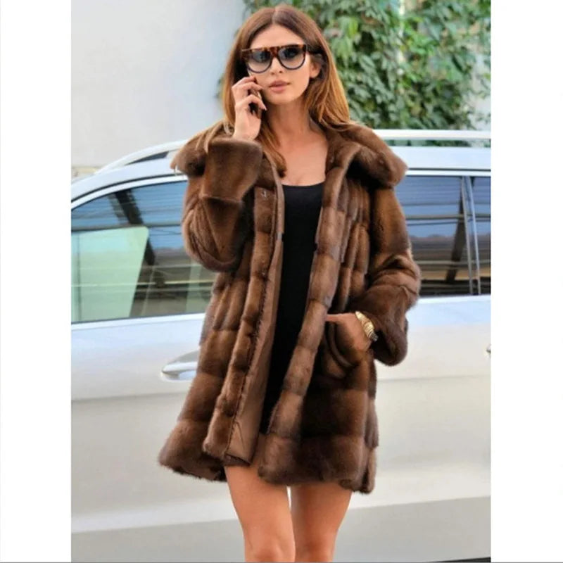 Women’s Faux Fur Mid-Length Hooded Coat – Thick, Warm & Effortlessly Elegant for Autumn/Winter