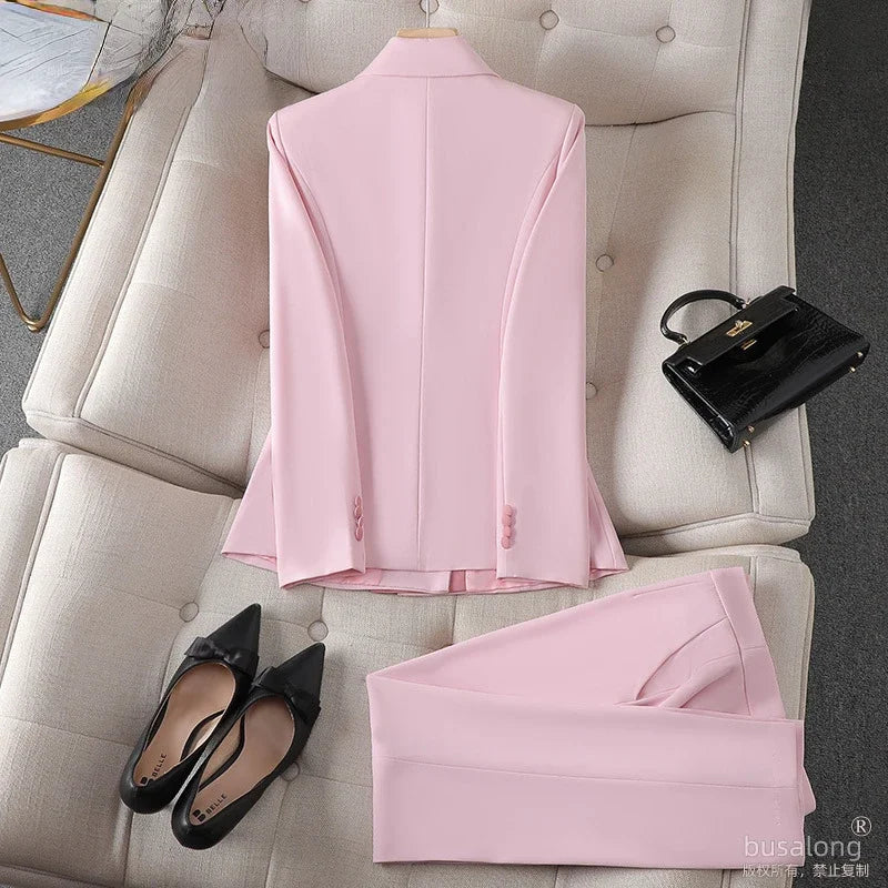 Temperament Korean Suit Two‑Piece Set – Long Sleeve Tunic Coat & High Waist Straight Pants