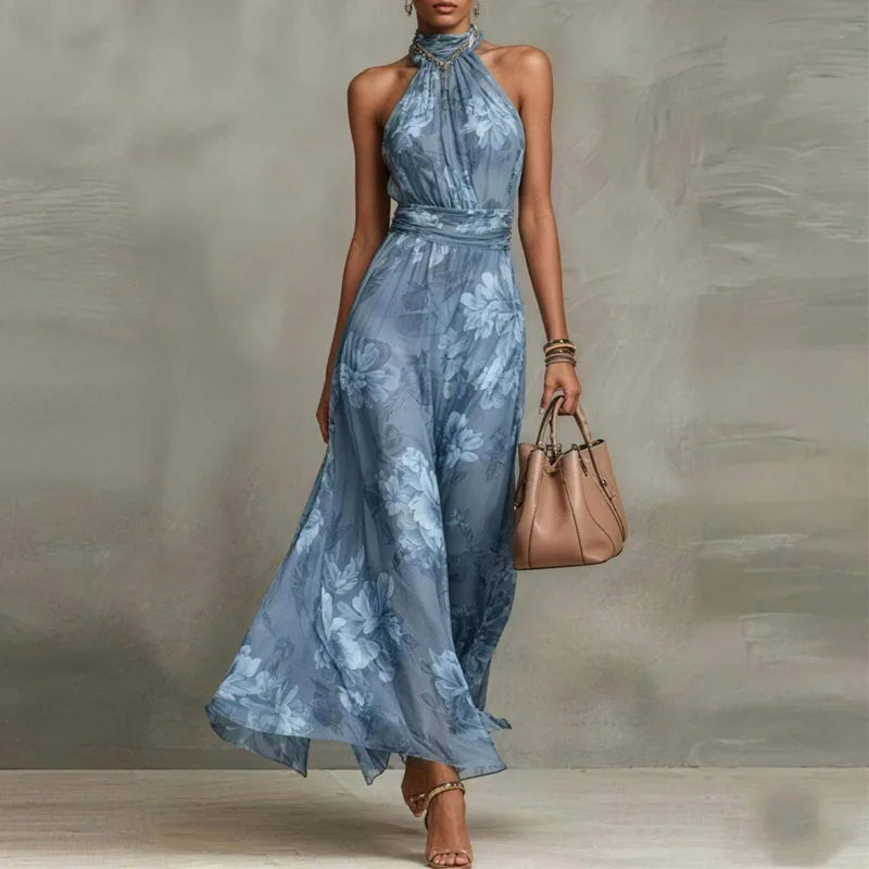 Elegant Floral Halter Off-Shoulder Chiffon Maxi Dress – Boho Summer Party & Beach Favorite
