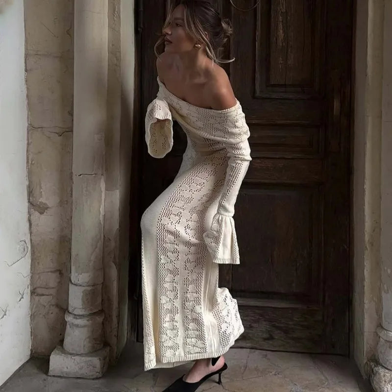 Elegant Knitted Fashion Hollow Out One Shoulder Vacation Long Dresses