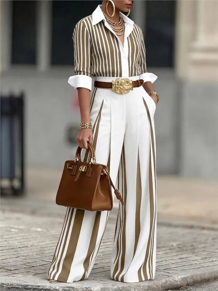 Spring & Autumn Striped 2‑Piece Office Set – Long Sleeve Shirt & Wide Leg Pants with Belt