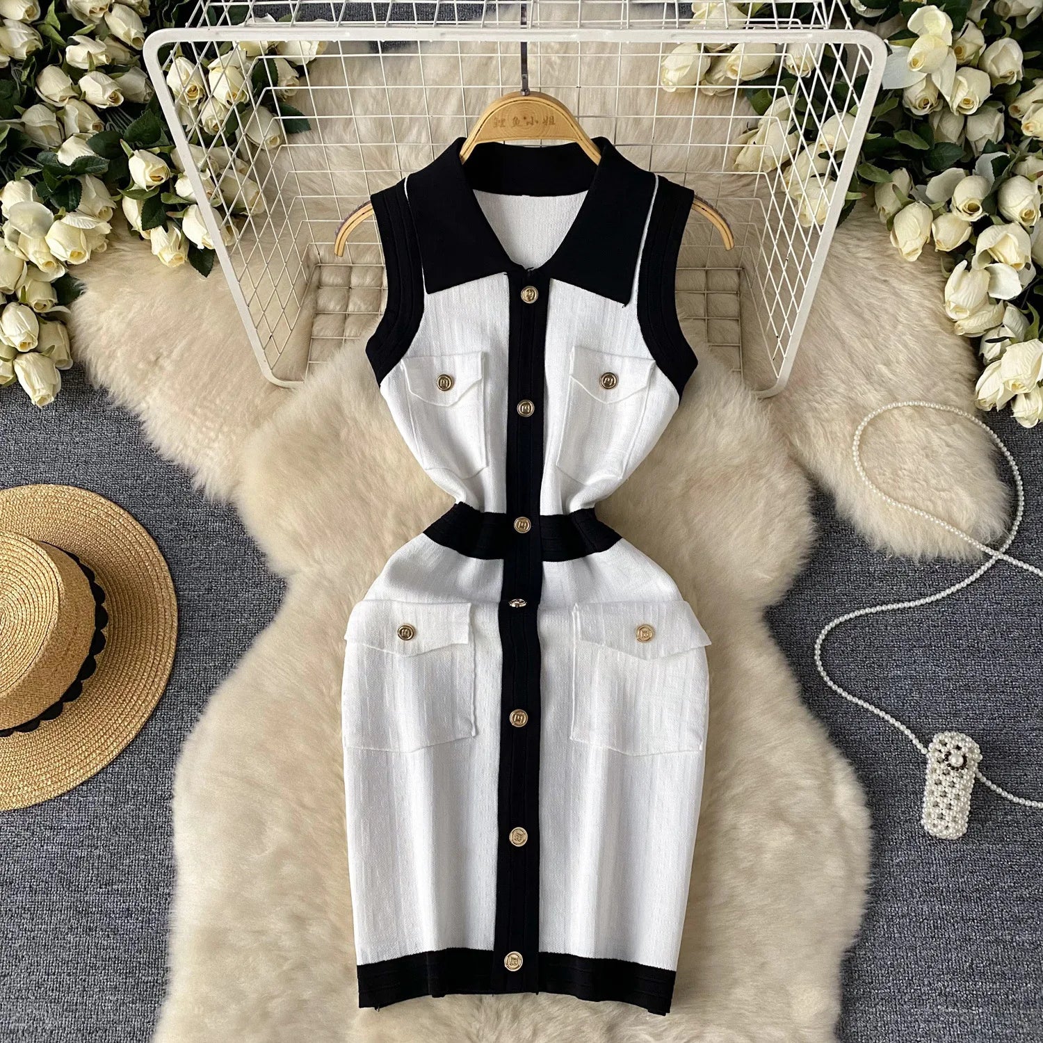Vests Knitted  Bodycon Streetwear Polo Neck Sleeveless Single Breasted Splice Dress
