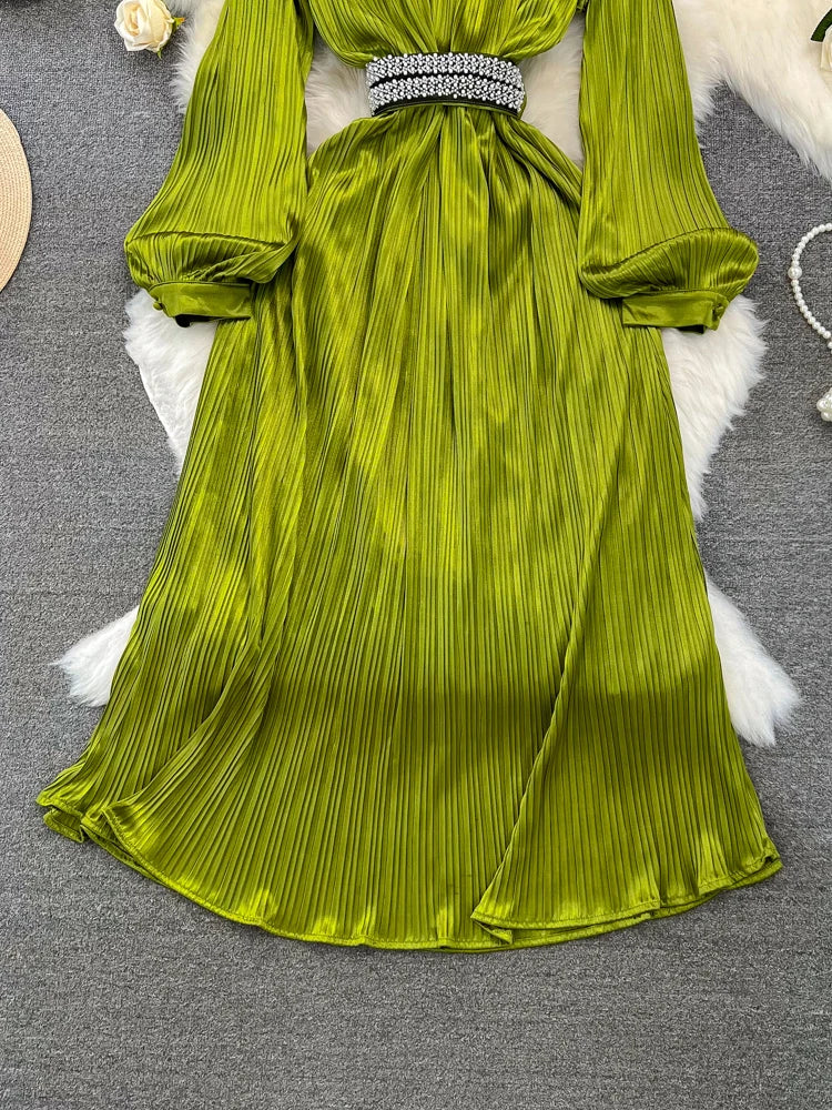 Diamond Pleated High Waist Stand Collar Long Sleeve A-line Dresses