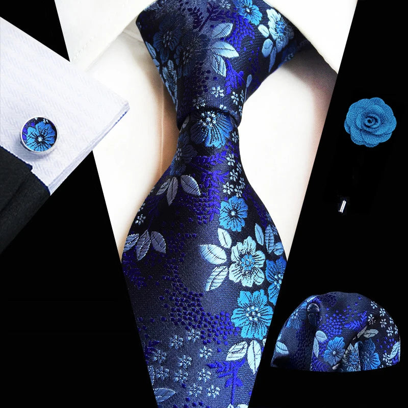 Floral  Neck Tie Set Handkerchief Brooch Cufflinks Men Accessories