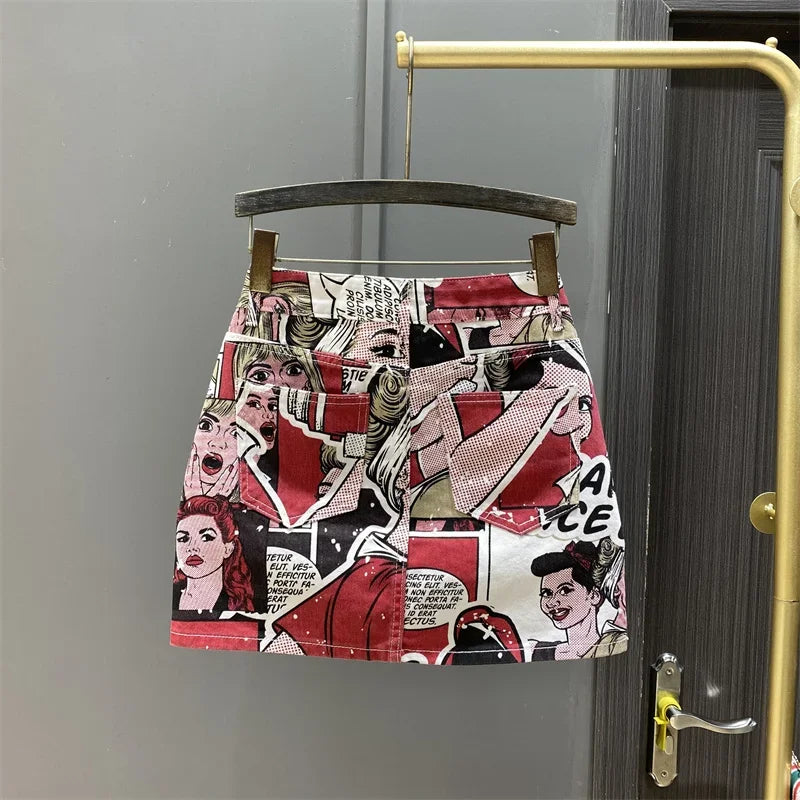 Cute Cartoon Pattern High Waist Denim Skirt