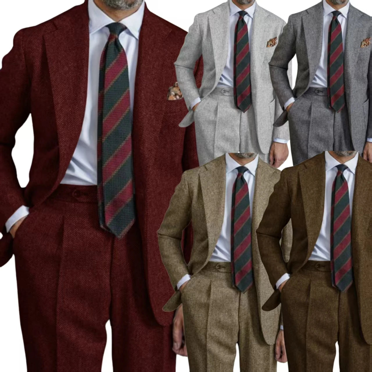 Classic Men’s Three‑Piece Herringbone Suit Set – Blazer, Vest &amp; Pants in Coarse Wool Blend
