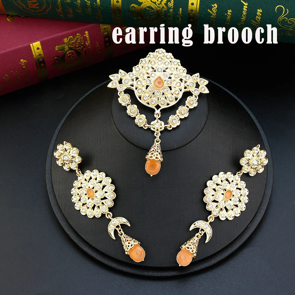 Gold Color Caftan Waist Chain Belt Orange Bead Choker Necklace Drop Earring Brooch