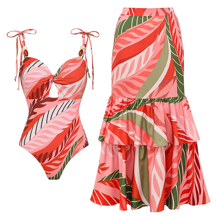 Sexy One Piece Long Sleeve Swimwear And Skirt
