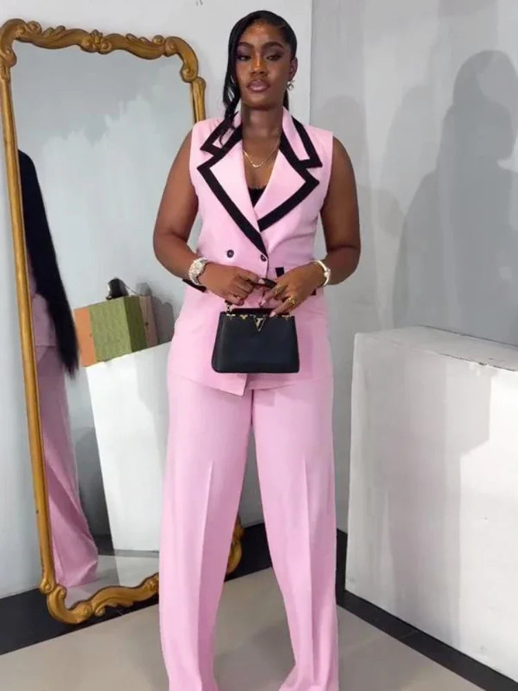 Elegant Color Blocking Sleeveless Vest Wide Leg Trousers 2-Piece Set