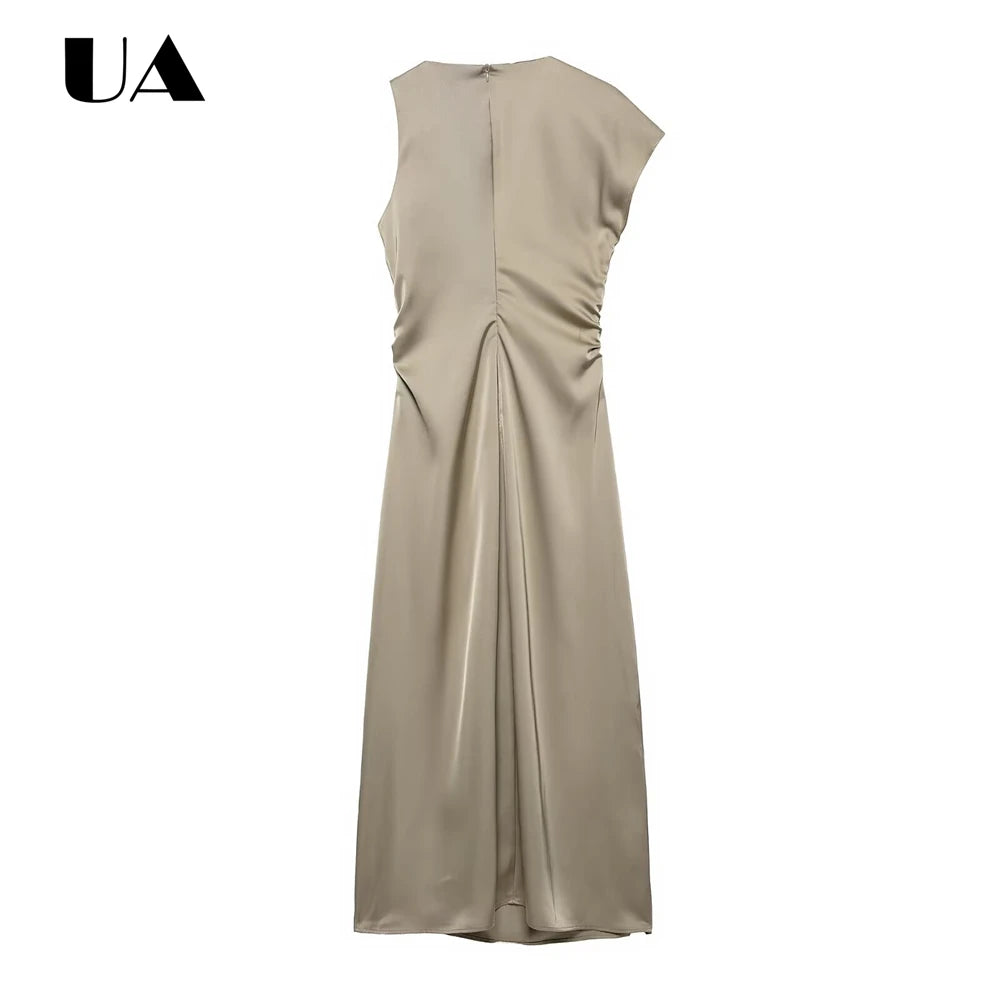 Minimalist Satin  Asymmetric Neck Sleeveless Ruched Waist Casual Formal Maxi Dress