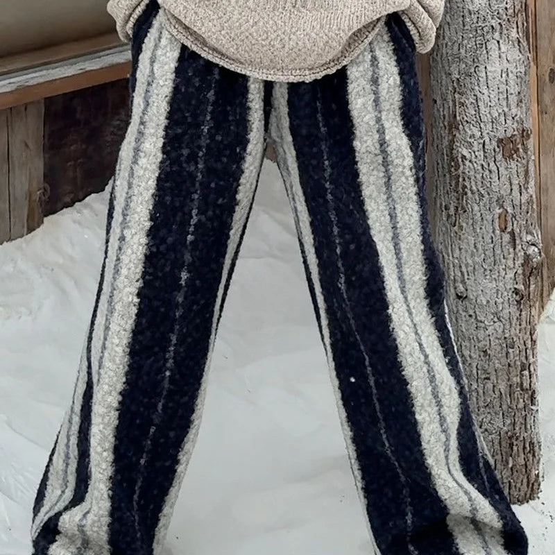 Thickened Winter Retro Lazy Stripe Loose Long Pants