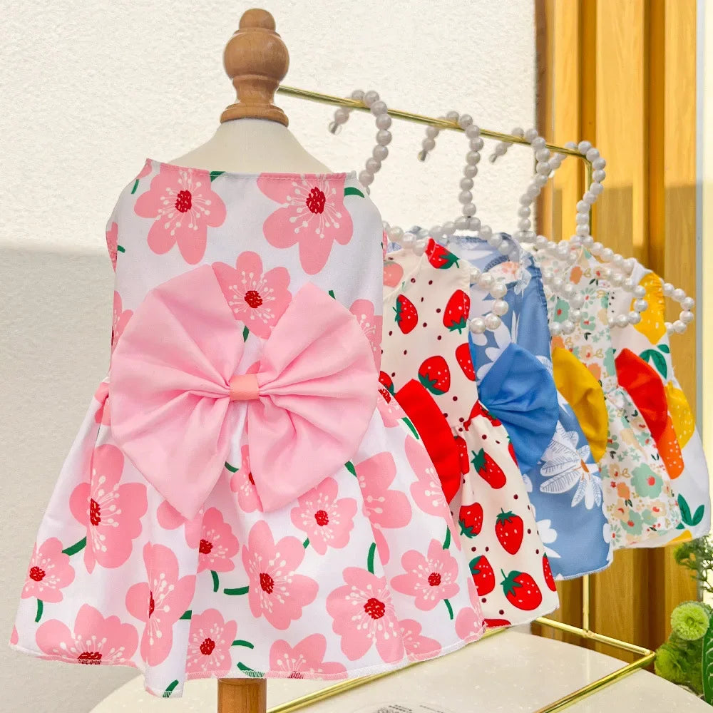 Cute Printed Bow Lace Dog Dresses for Small Medium Puppies
