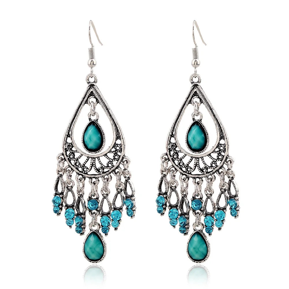 Bohemian Ethnic Style Antique Silver Color Alloy Hollow Acrylic Resin Gems Water Droplet Tassel Earrings