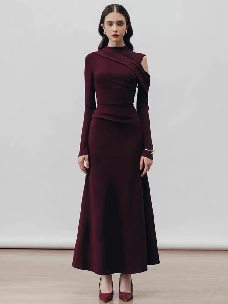 Round Collar Hollow Out Shoulder Solid Color A Line Luxury Dress