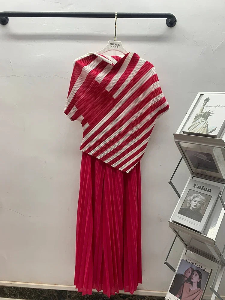 Striped Pleated Contrast Color Irregular Belt Tops + Long Pants