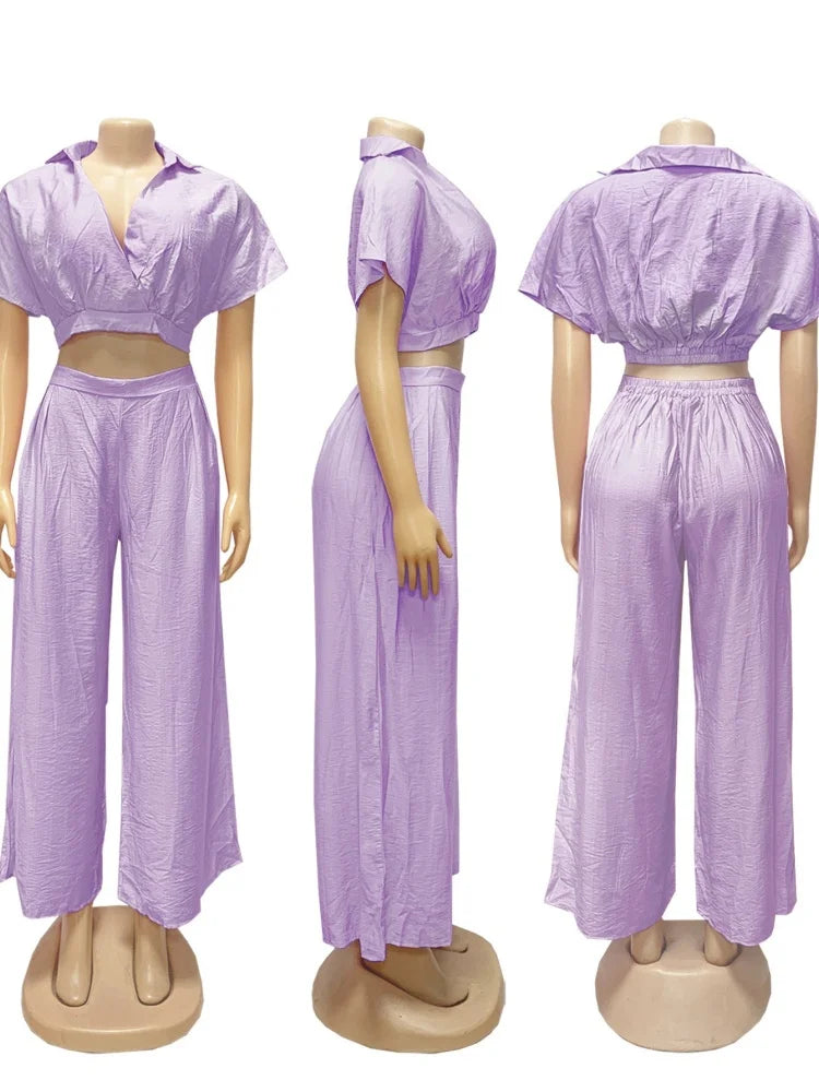 Short Sleeve Collarless Top & High-Waist Wide-Leg Pants