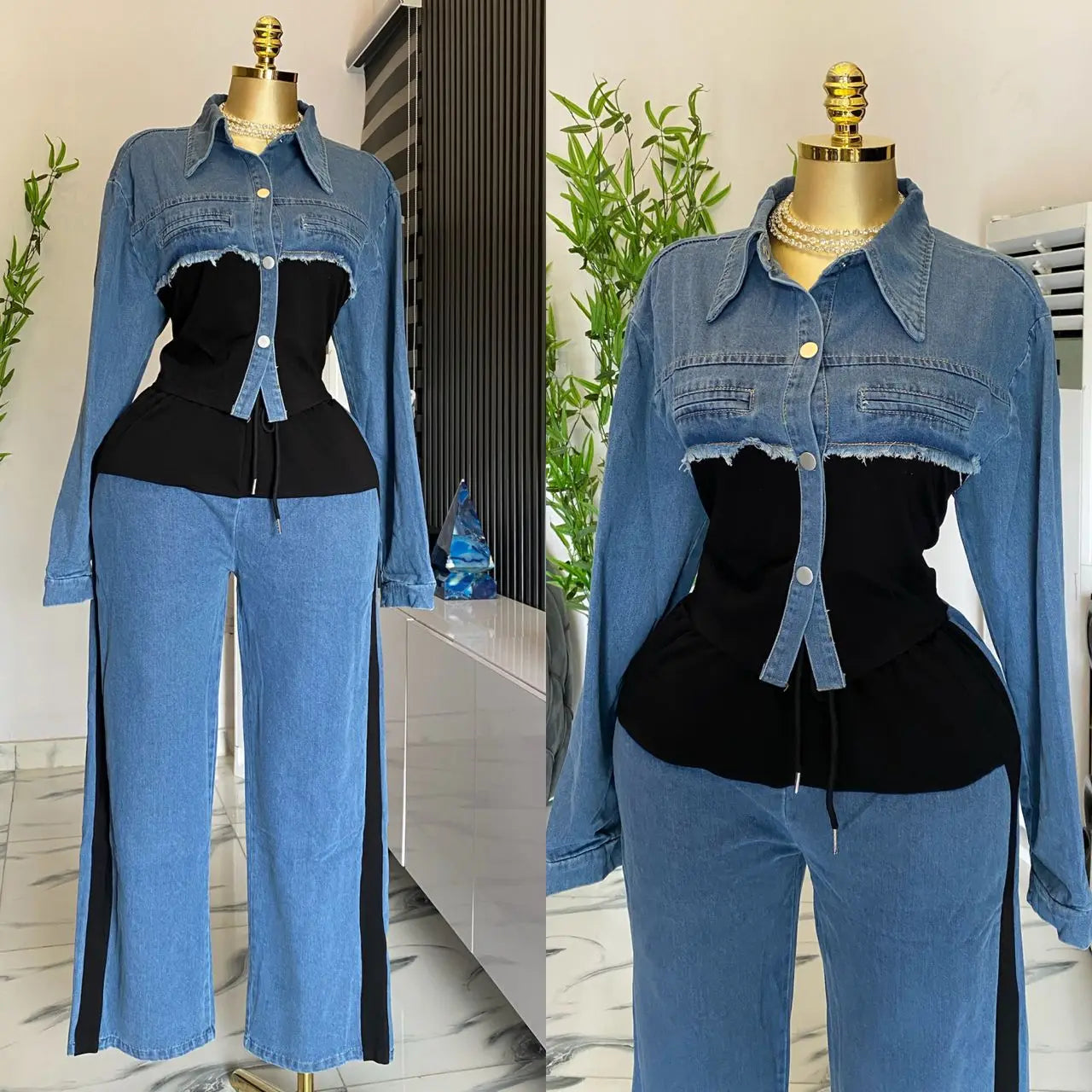 Spring Top Wide Leg Long Pants Casual Loose Lace Up High Waist Denim Splice Matching Sets r