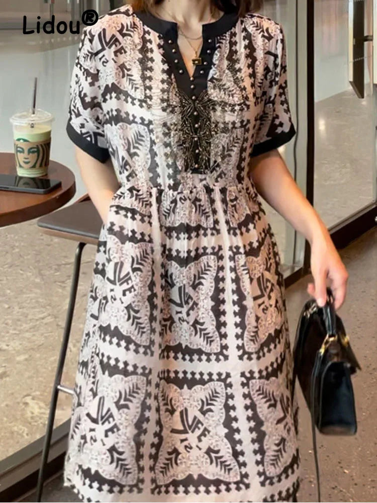 Elegant Fashion Rivet Casual Printing Summer Short Sleeve Loose Temperament Shirt