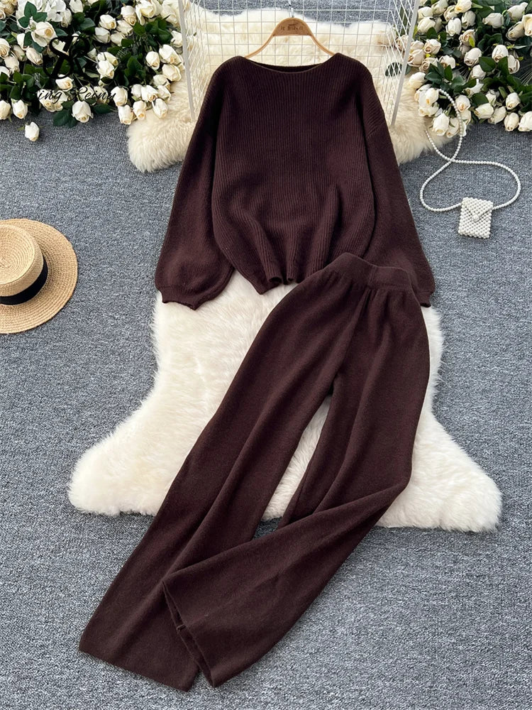 Loose Sweater Tops+High Waist Wide Legs Long Pants