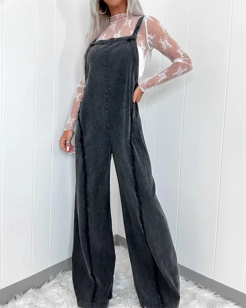 Vintage Washed Raw Edge Denim Jumpsuit