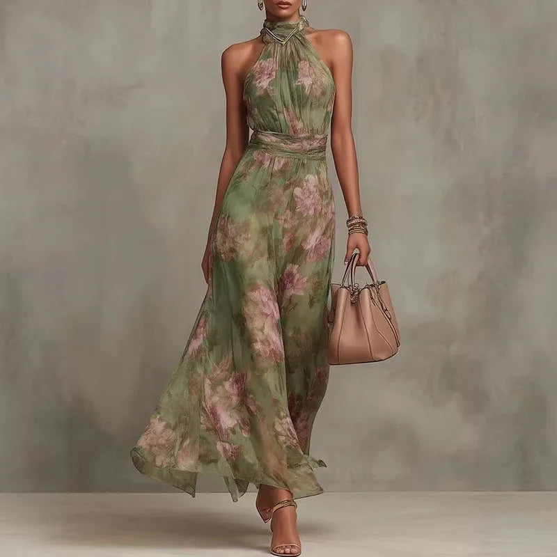 Elegant Floral Halter Off-Shoulder Chiffon Maxi Dress – Boho Summer Party & Beach Favorite
