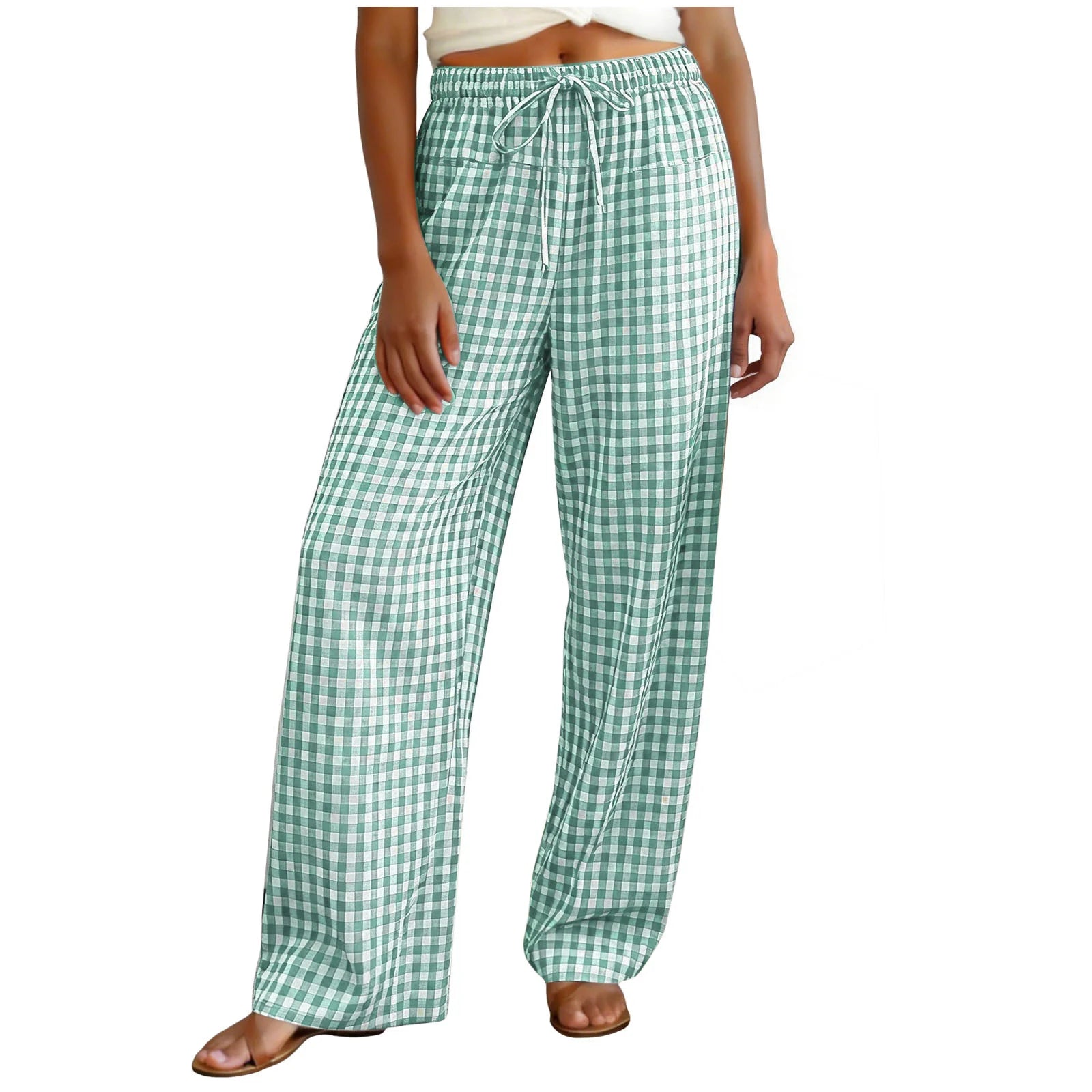 High Waisted Wide Leg Plaid Drawstring Casual Trousers