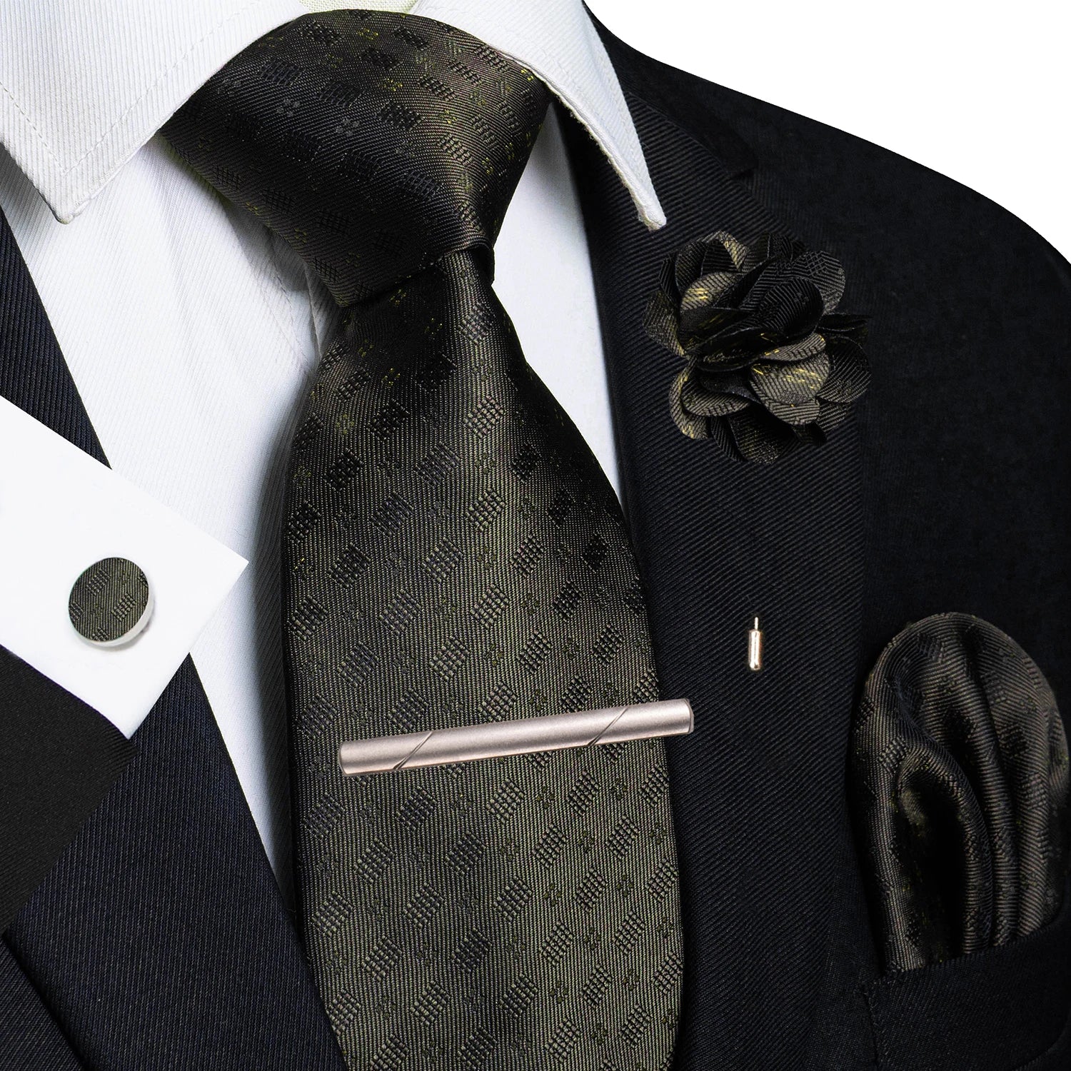 Brown Yellow Plaid Silk Tie Set for Men