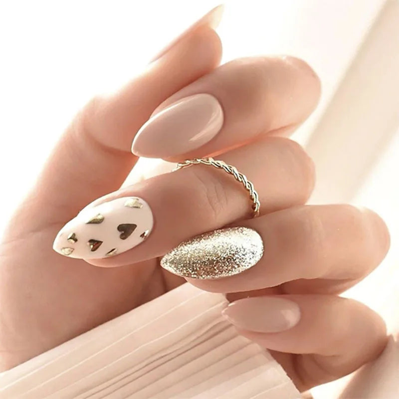 24Pcs Simple Almond Fake Nails with Green Leaves Design
