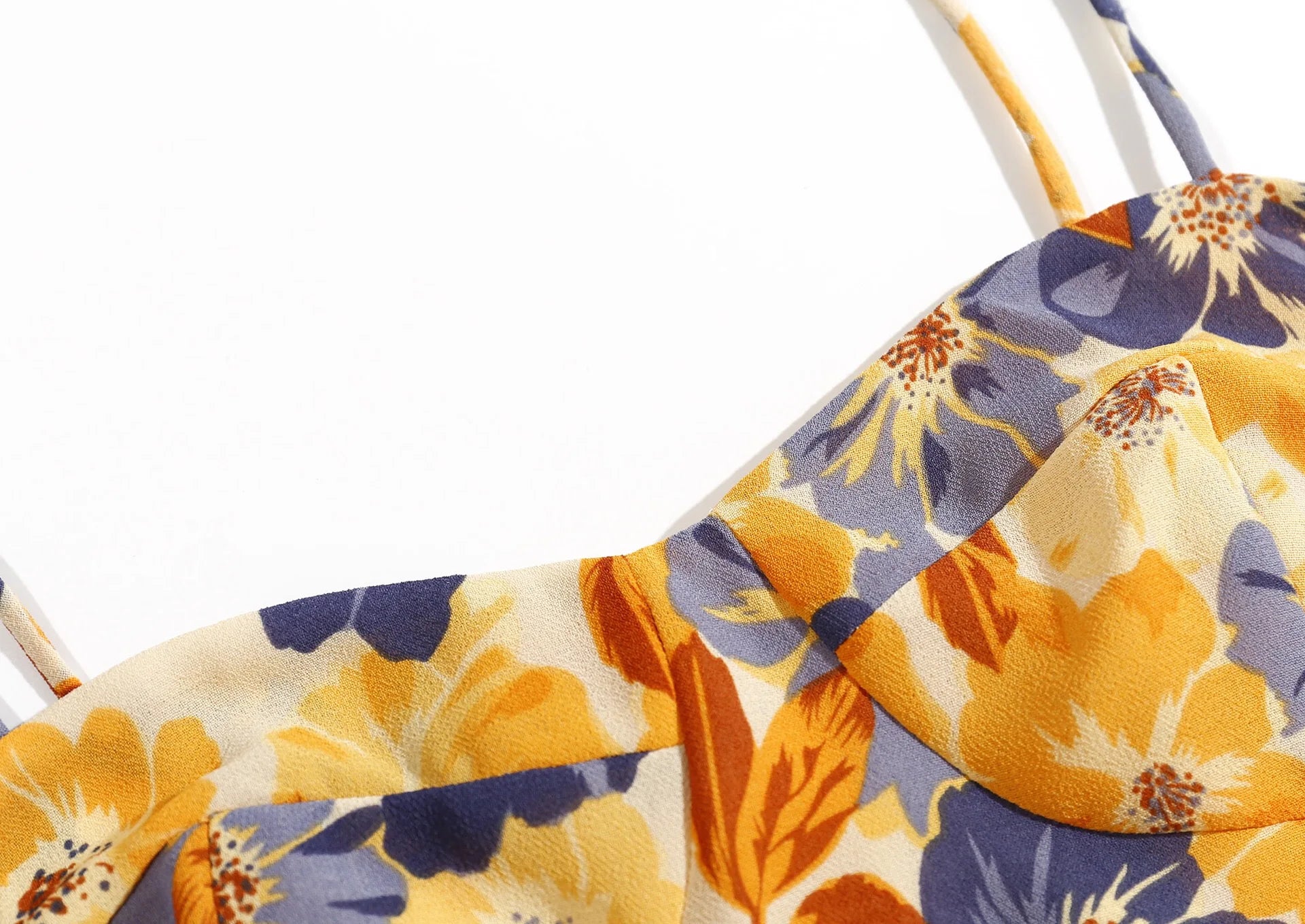 Retro French Style Orange Floral Print Bandage Spaghetti Strap Midi Dress