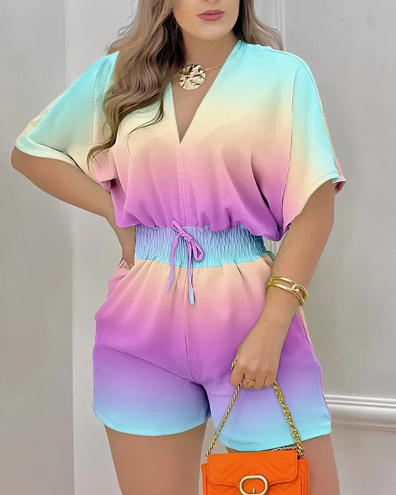 New Loose Casual Printing Fashion V-neck Short Sleeve Waist Shorts Drawstring Pleated Streetwear Romper