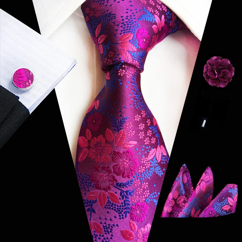 Floral  Neck Tie Set Handkerchief Brooch Cufflinks Men Accessories