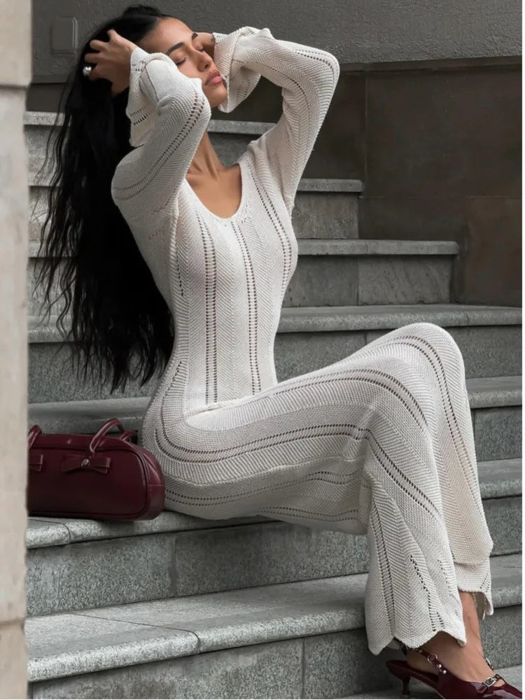 Elegant Knitted Sweater Long Sleeved V-neck Dress