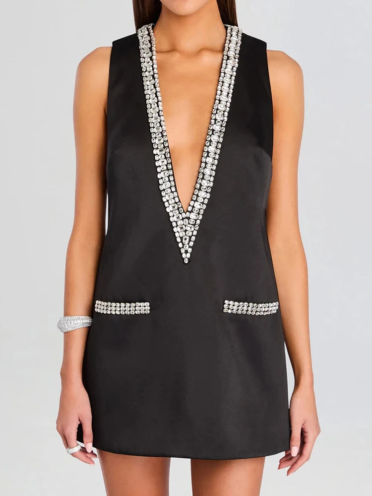 New Women Summer Deep V Neck Sequins Patchwork Mini Dress