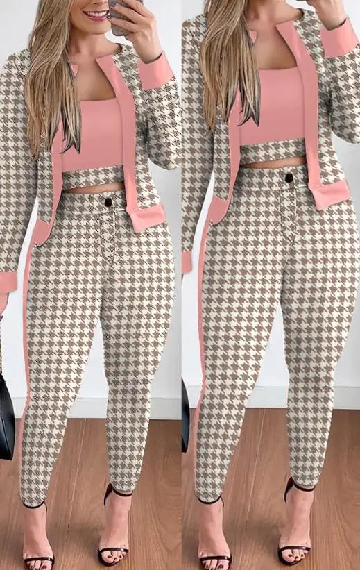 Spring Fashion Plaid Print Contrast Paneled Open Front Long Sleeve Coat & Elegant Skinny Pants Set