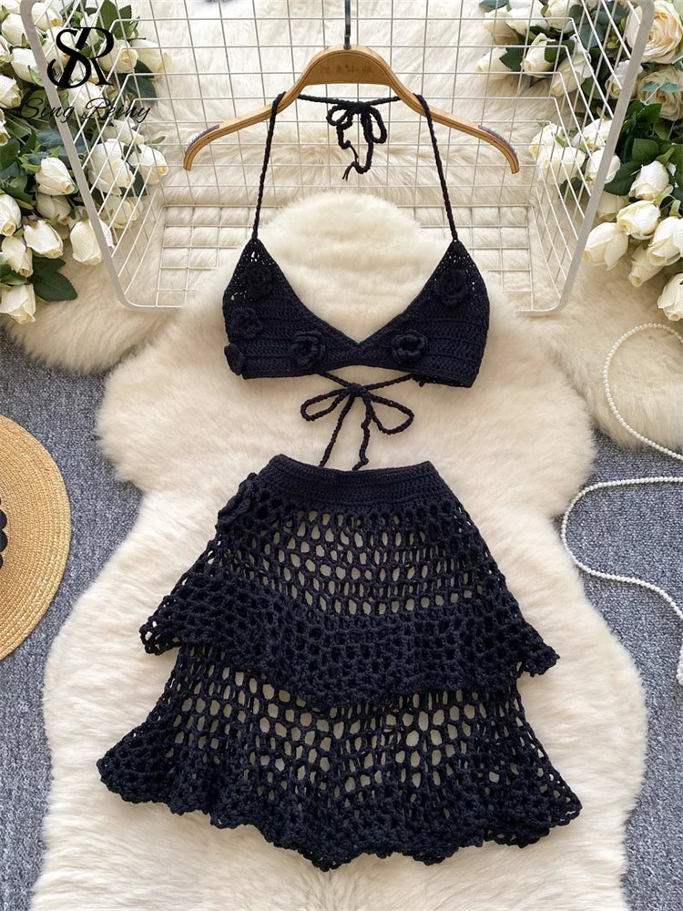 Knit Solid Beachwear Suits Halter Slim Backless Camisole+Bodycon Hollow Out Skirt Sets