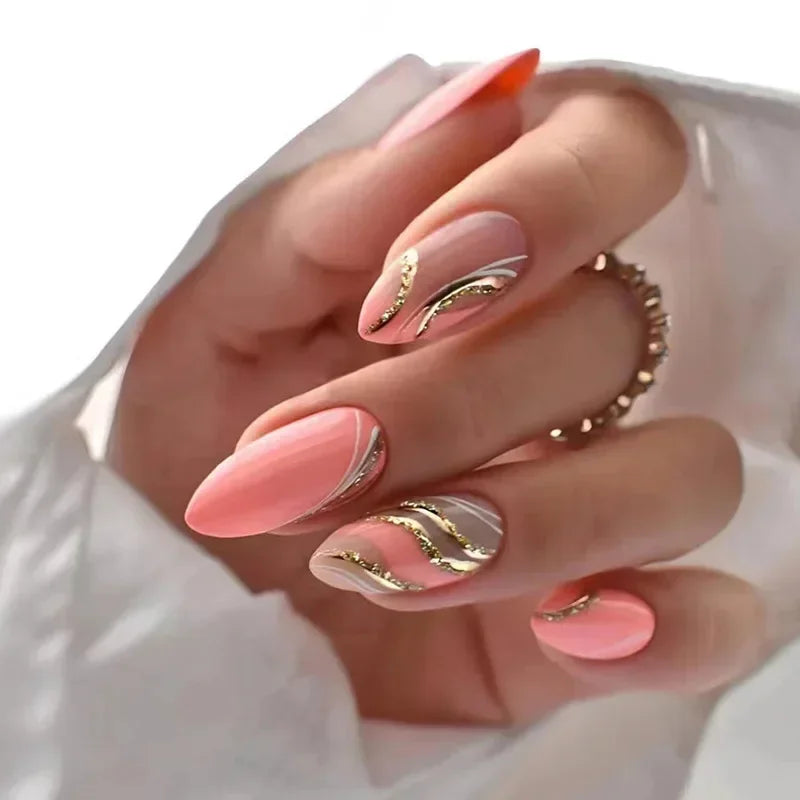 24Pcs Simple Almond Fake Nails with Green Leaves Design