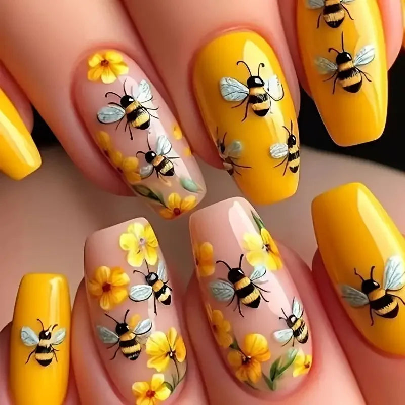 Bee Floral Press-On Nails – Medium Coffin Ballet Tips with Flower Design