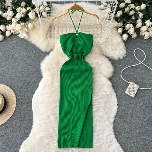 Cut Out Sexy Split Halter Crochet Bodycon Dress