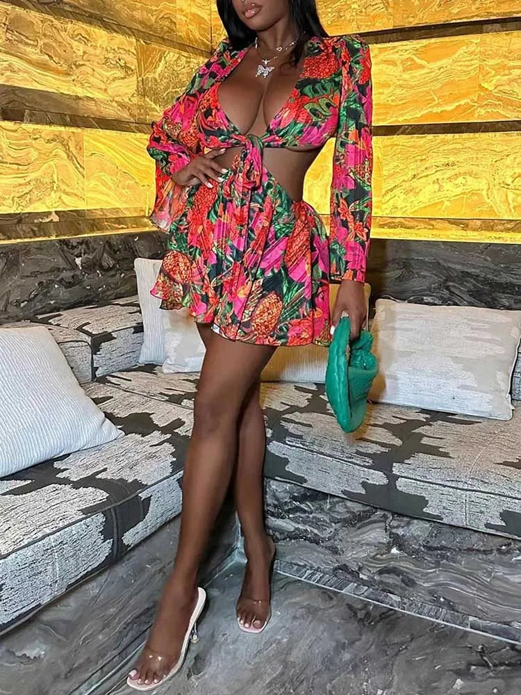 Lace-up Flare Sleeves Nightclub Wear with Flower Print Two Piece Sets Skirt and Crop Top