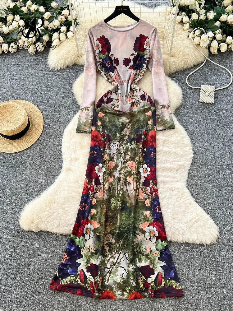 Spring Vacation Floral Long Sleeves Slim Elastic Milkmaid Designer-Inspired Vintage Print Maxi Dress