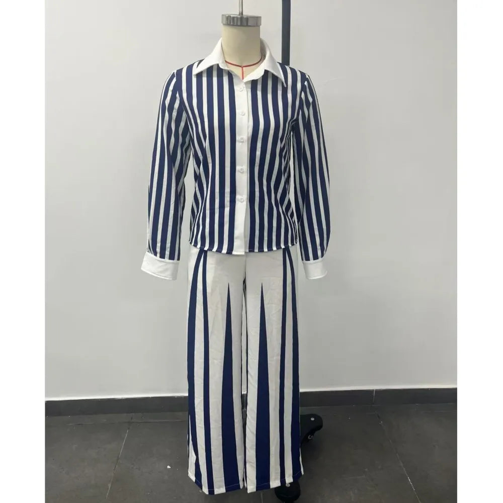 Spring & Autumn Striped 2‑Piece Office Set – Long Sleeve Shirt & Wide Leg Pants with Belt