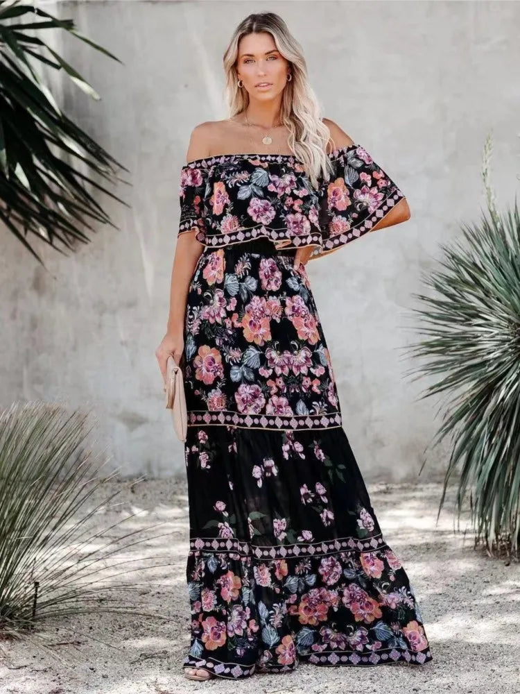 Spring Summer Red Floral One-Shoulder Lace-Up Maxi Dress
