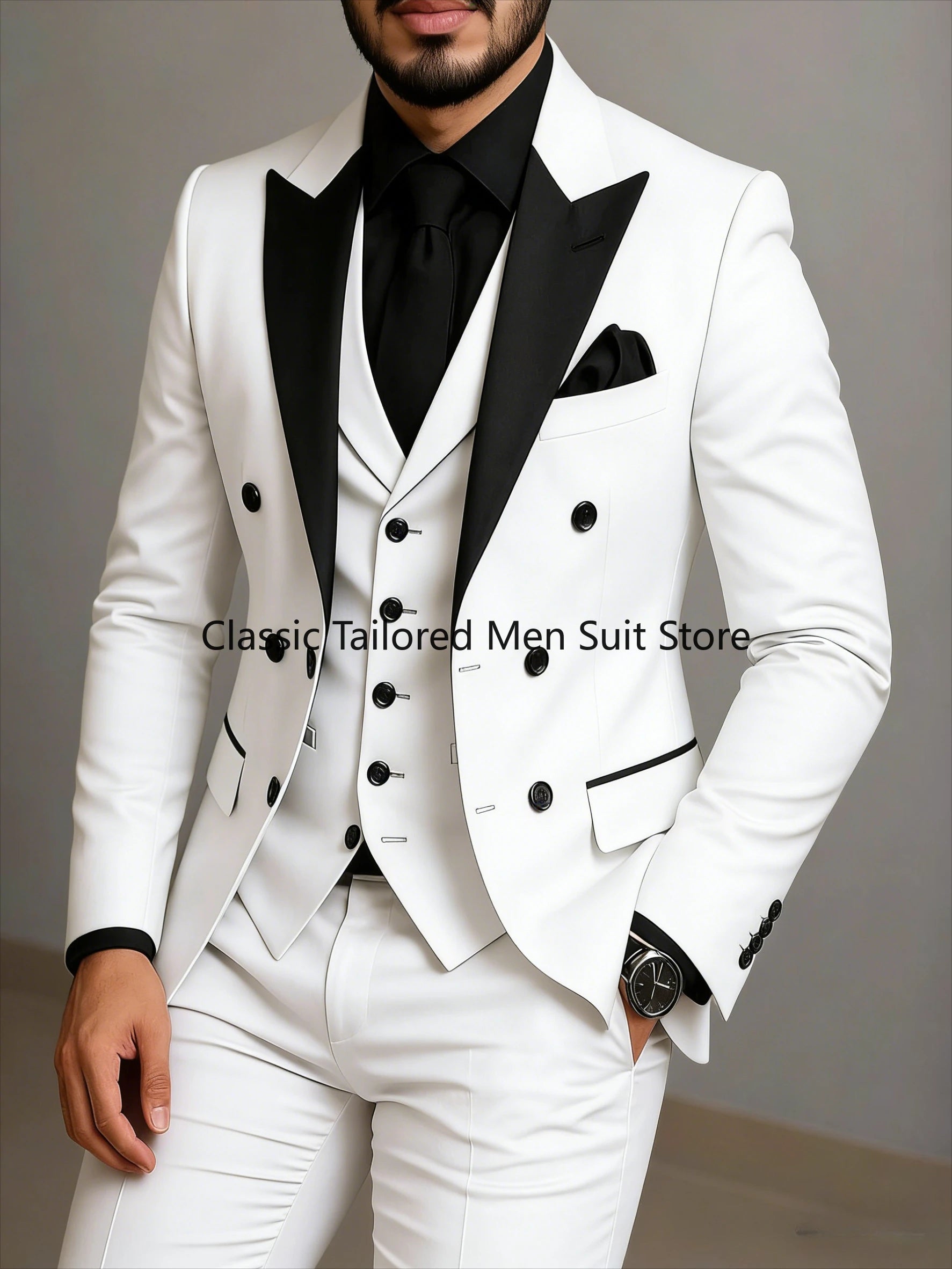 Beige Double Breasted Suit  Black Lapel  Slim Fit Wedding Suit