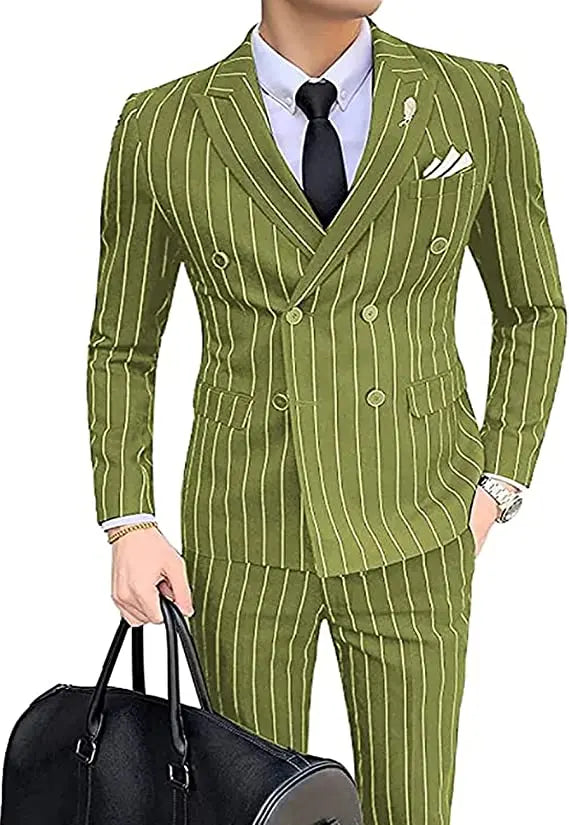 Double-breasted Wedding Groomman Pinstripe Notched Lapel For  (Blazer+Pants)